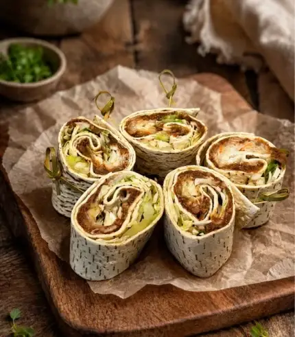 Kansas City BBQ Pulled Pork mini wrap – tortillatekercsek lassan sült sertéshússal, füstös BBQ szósszal és coleslaw salátával