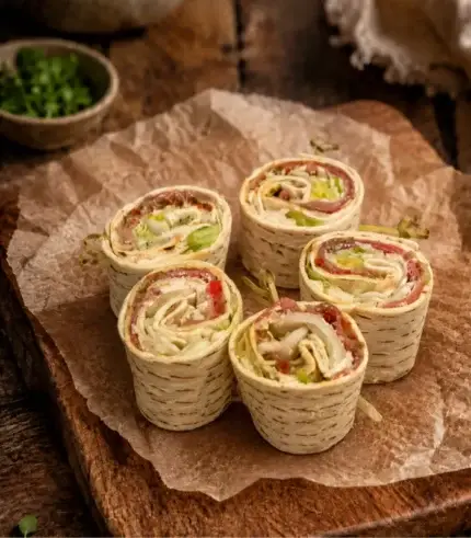 Róma Via Del Corso mini wrap – tortillatekercsek olasz prosciuttóval, parmezánnal, paradicsommal és pesto-s majonézzel
