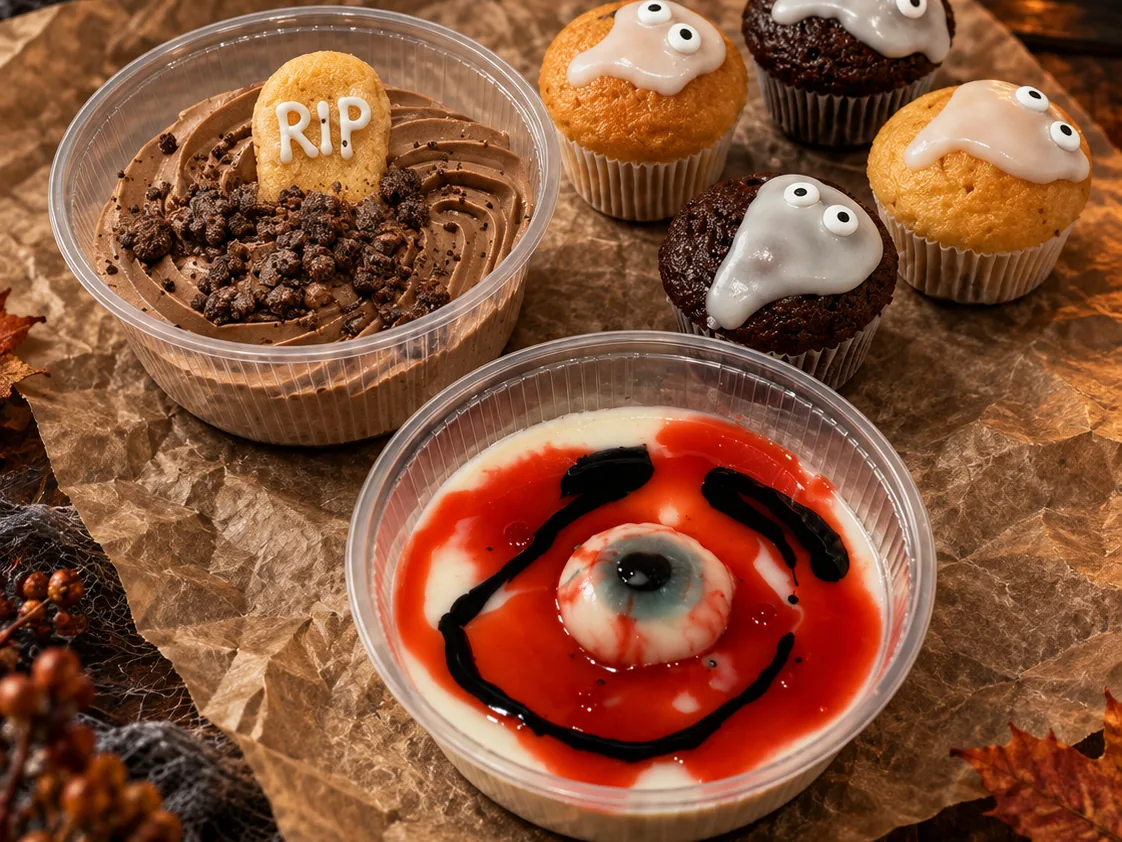 Céges Halloween catering 2026 Halloween desszertek: Küklopsz panna cotta, szellem muffinok és Sírhant csoki mousse