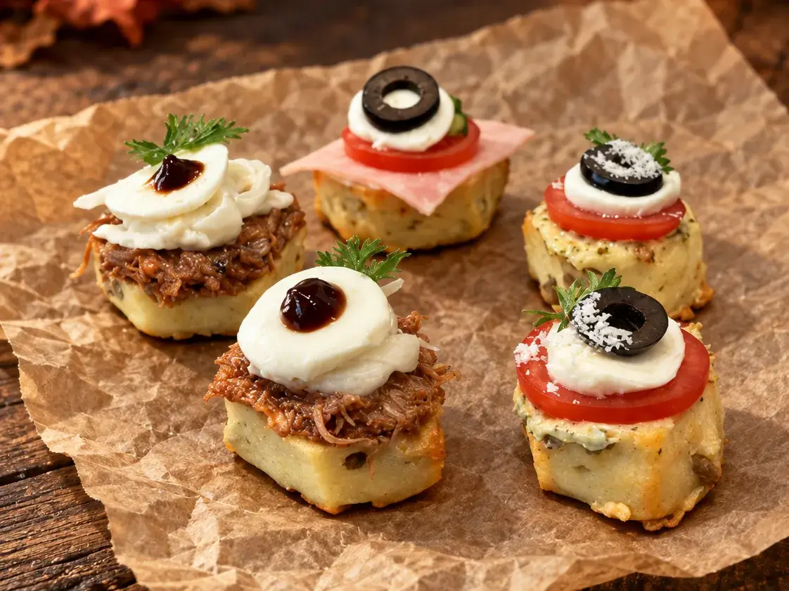 Céges Halloween catering 2026 Pogácsa-szemgolyók: mini pogácsa krémmel és olívabogyó pupillával, Halloween falat