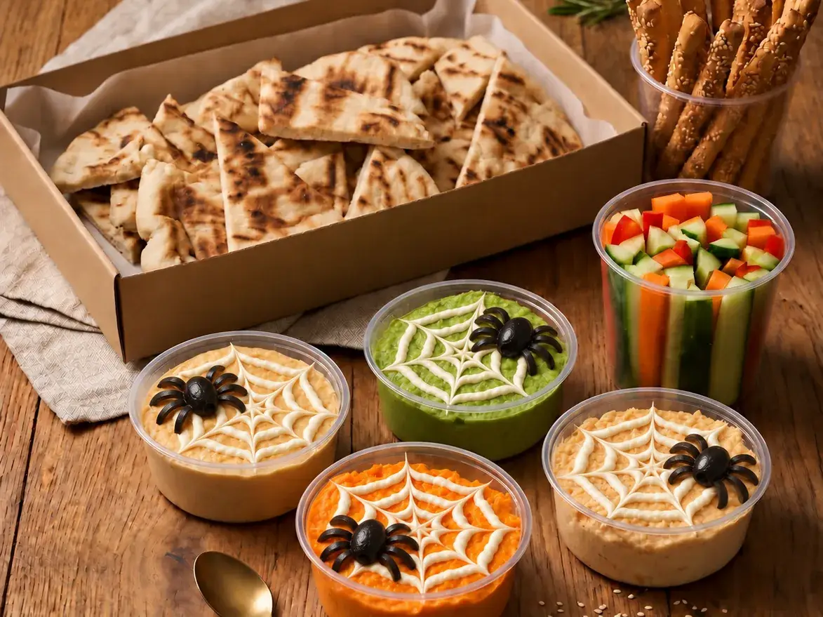 Céges Halloween catering 2026 Pókháló-mintás mártogatós krémek zöldséghasábokkal, pitával és grissinivel